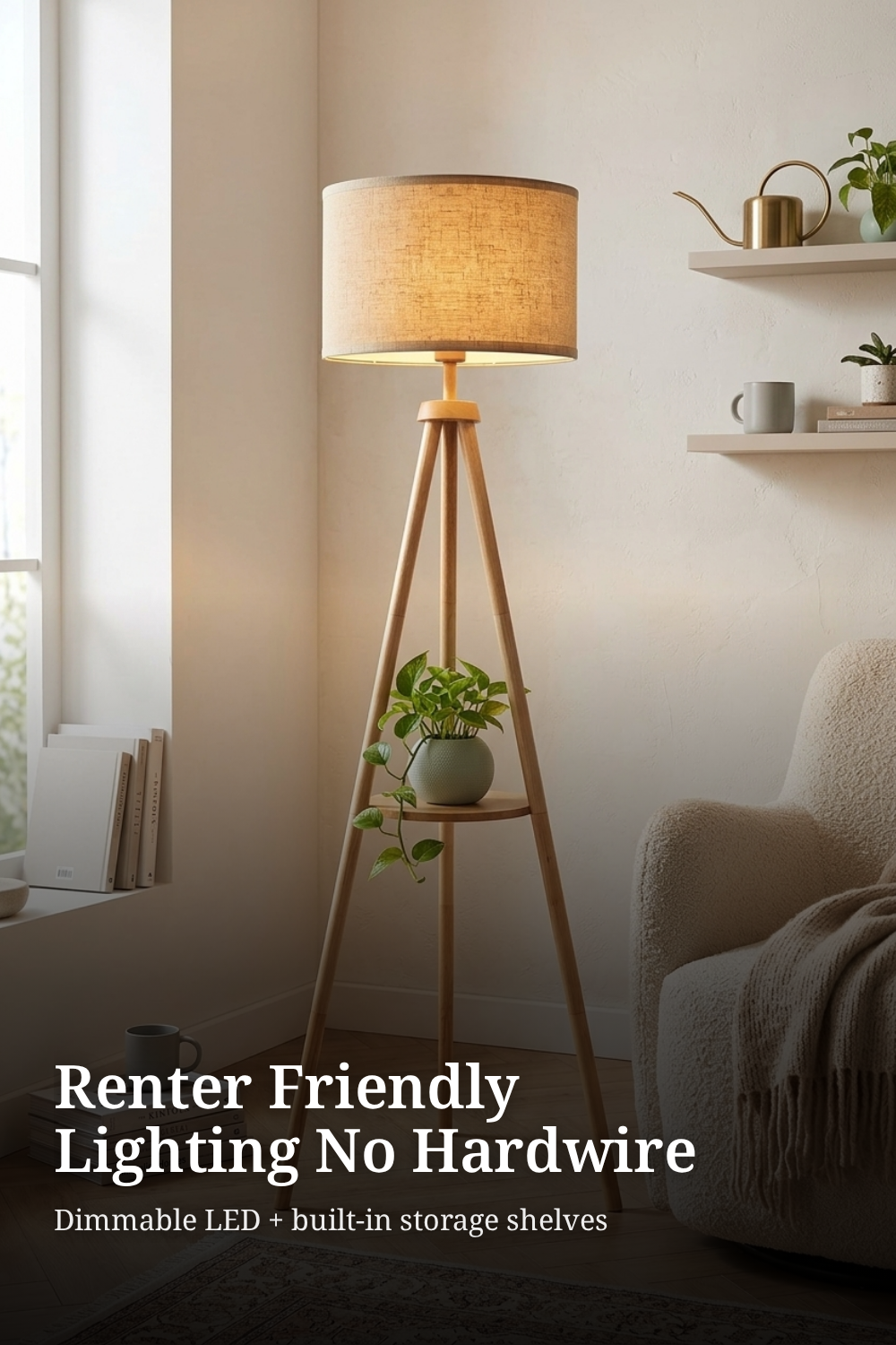 Tripod Floor Lamp Wood with Shelves
