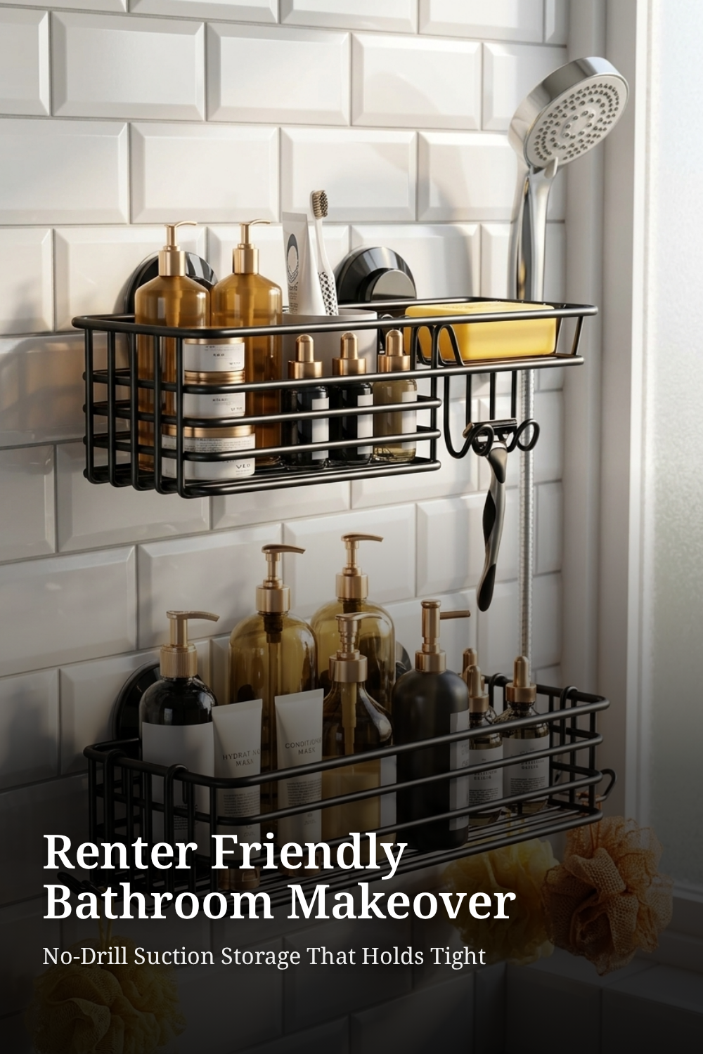 LEVERLOC Shower Caddy Suction Cup with Hooks and Soap Holder